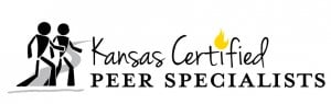 KCPS Logo - two stick figures stand in front of a curving road; next to them is the text "Kansas Certified Peer Specialists." The I in Certified is topped by a little yellow flame.