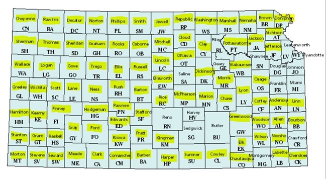 A map of Kansas with the 105 counties of Kansas represented. Counties participating in the grant are highlighted in yellow. All but 12 counties are highlighted. The list of participating counties is also available just below the picture.