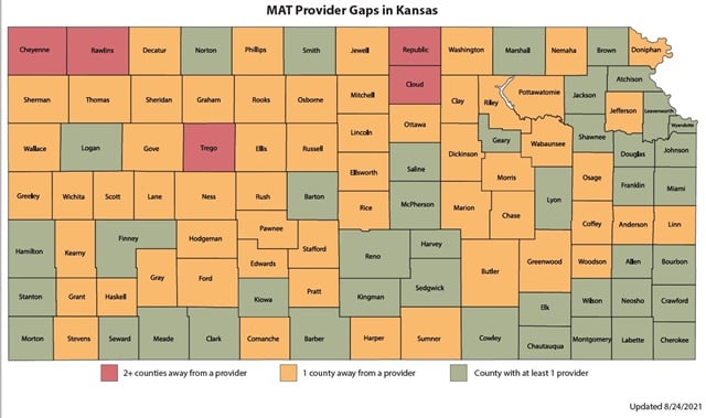 County Map of Kansas indicating how far each county is from a county with a medically assisted treatment option.
